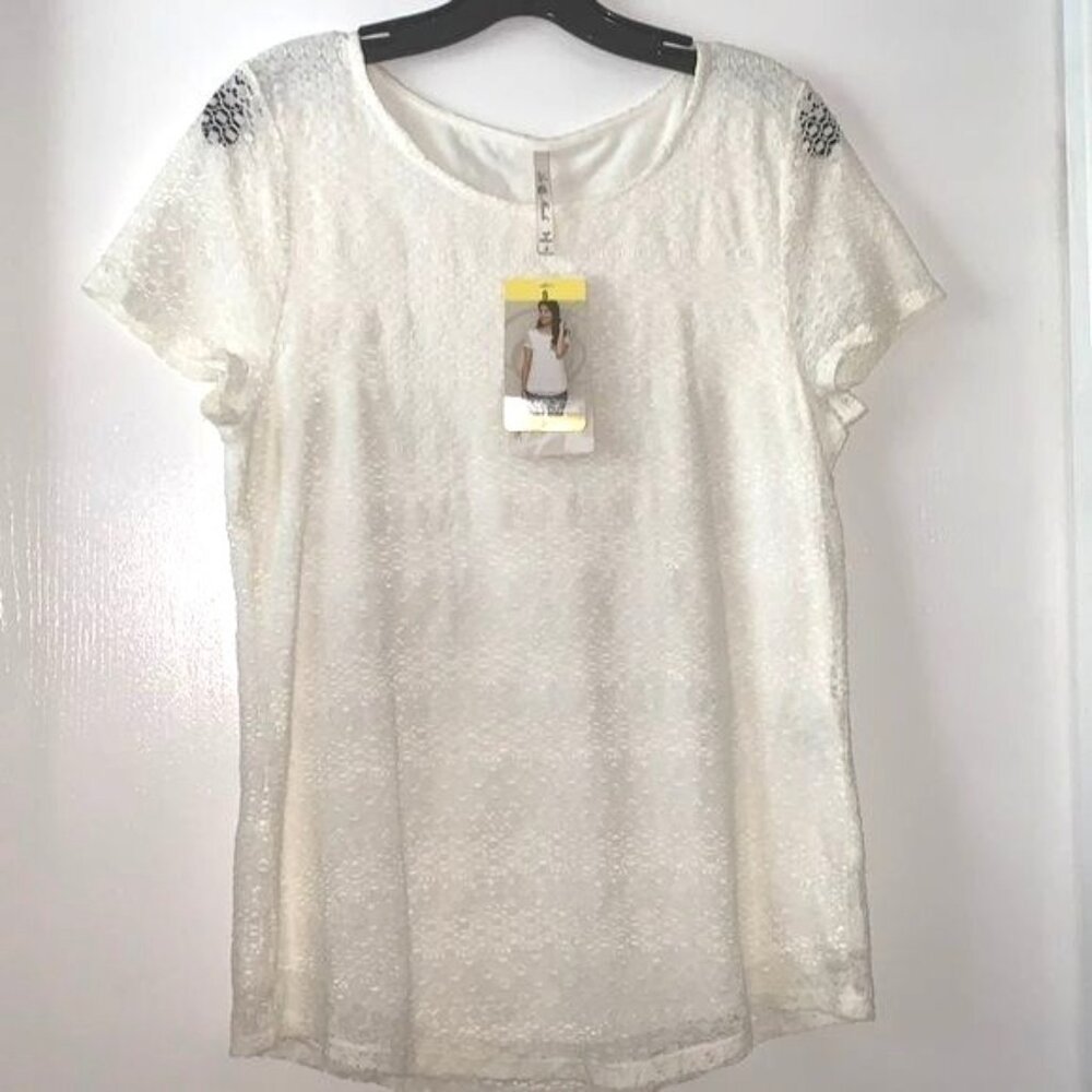 Leo & Nicole Womens Off-White Lace Short Sleeve Top Size Small
